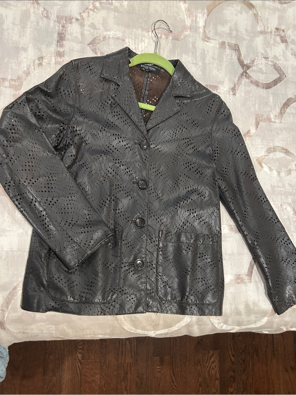 Etcetera Espresso Brown Perforated Leather Button-Front Jacket